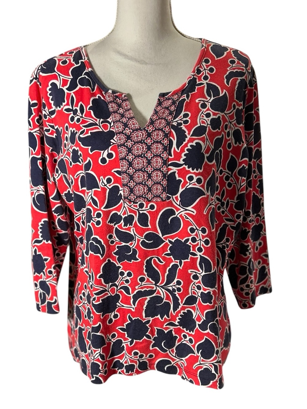 Kim Rogers Red and Navy Floral Split-Panel Tunic